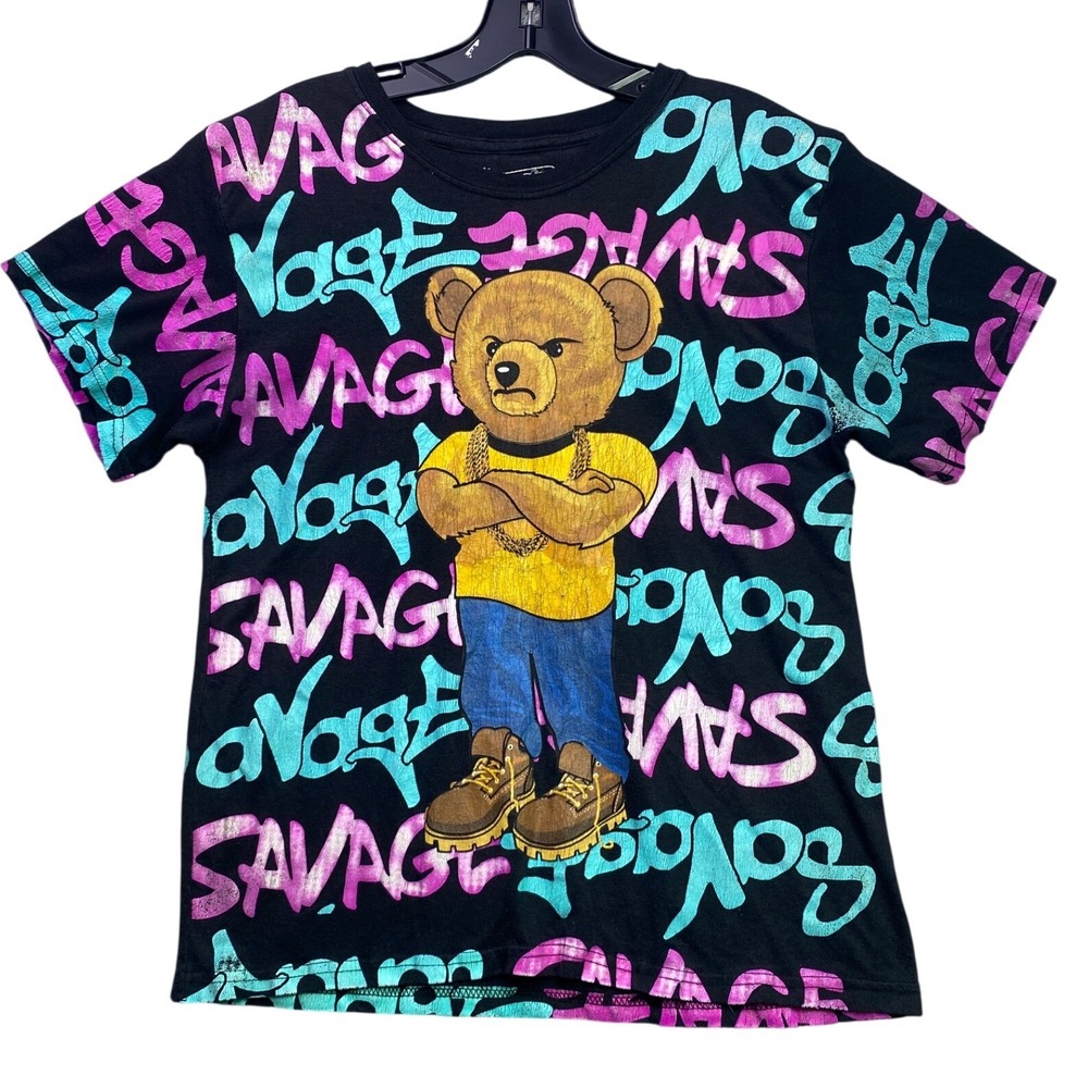 Fresh Laundry‎ Shirt Boys Large Savage AOP Script Bear Hip Hop Grunge Streetwear